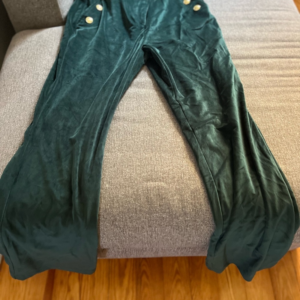 Green Velvet Pants with Button Detail